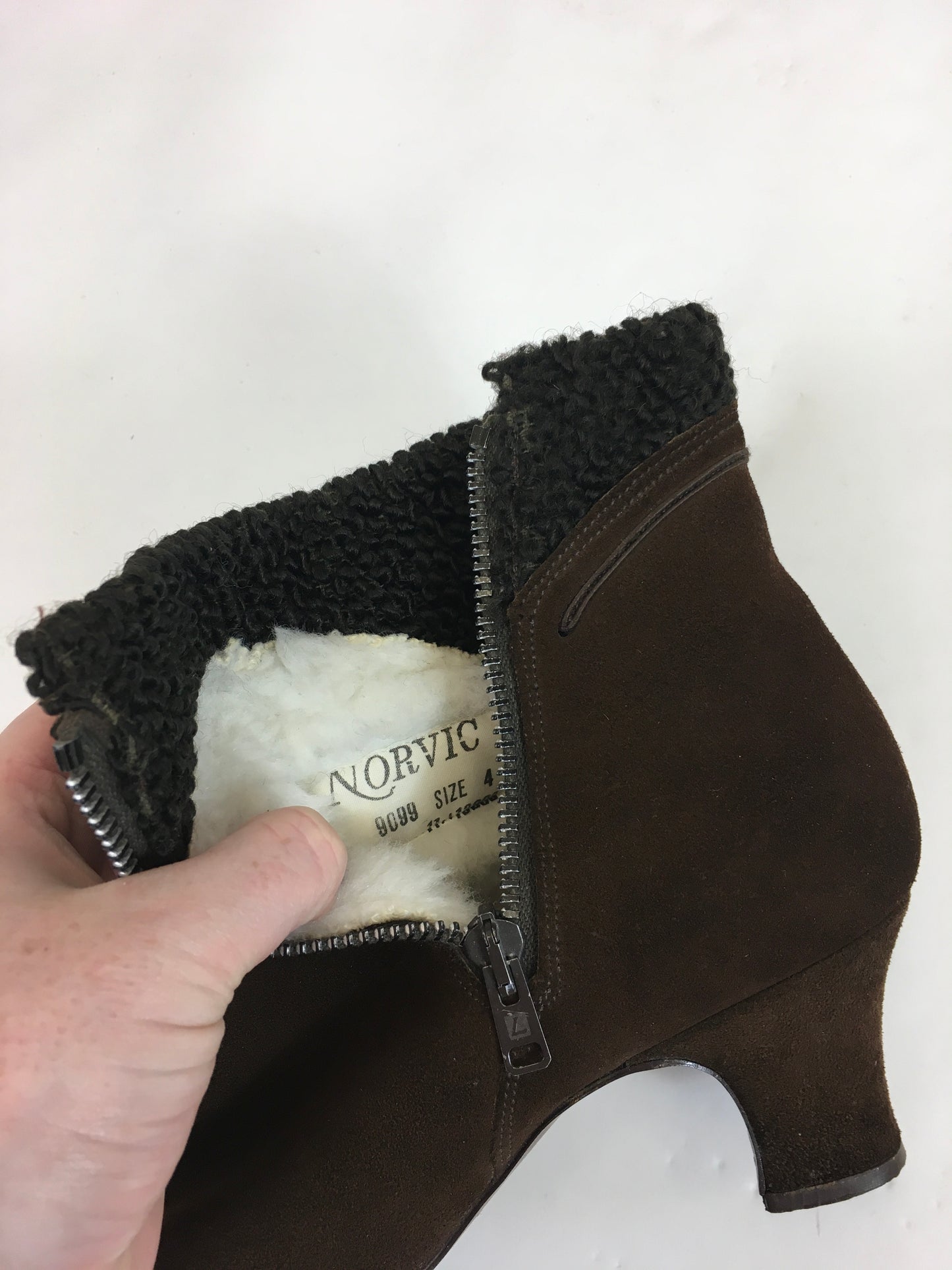 Original 1940's Fabulous ' Norvic' Heeled Boots - In Brown Suede With Fleece Lining