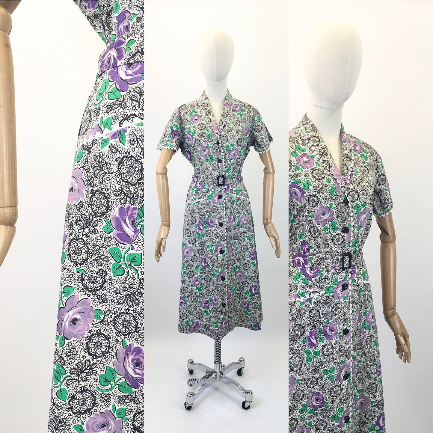 Original 1940's Darling Cotton Day Dress by ' Beverly Dee Frocks' - In A Lovely Purple, Green & Black Floral