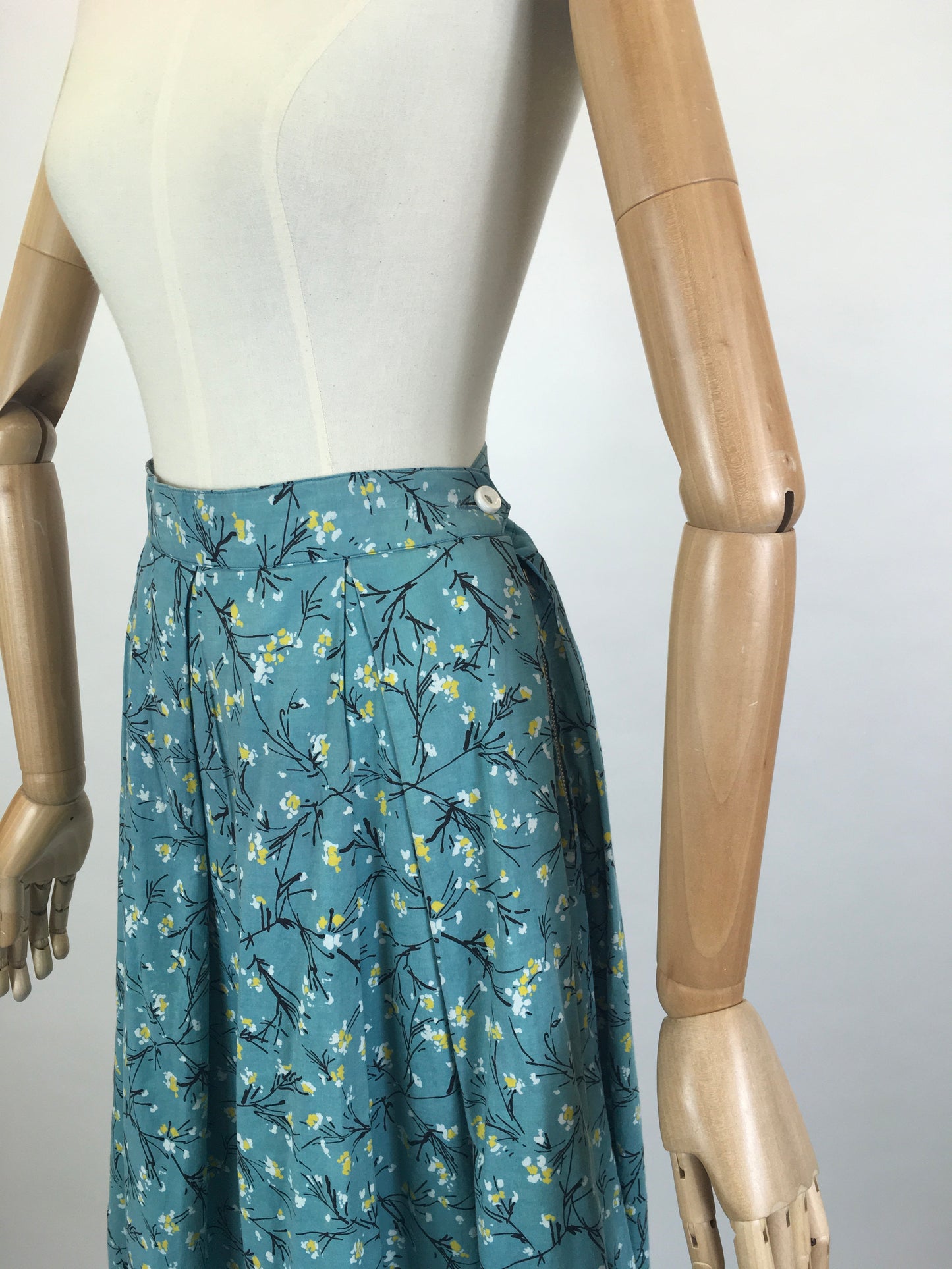 Original 1950’s Homemade Cotton Skirt - In A Lovely Blue, Yellow & Black Floral Print