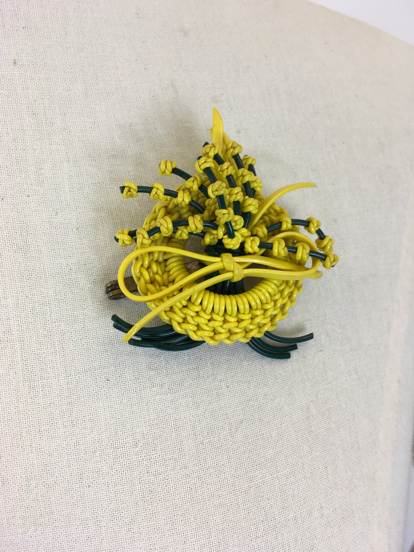 Original 1940's Large Wartime Make Do and Mend Telephone Wire Brooch - In Bottle Green & Sunflower Yellow