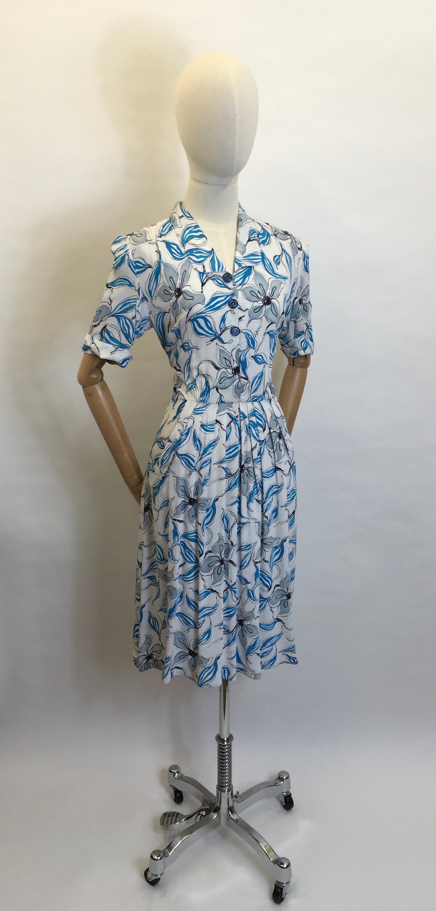 Original 1940’s Crepe Day Dress - Lovely Stencilled Floral in Blues, Blacks and Slate Greys