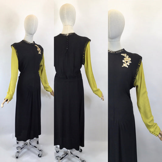 Original 1940’s Sensational Colour Block Rayon Crepe Dress - In Black & Chartreuse With Sequin Embellishment