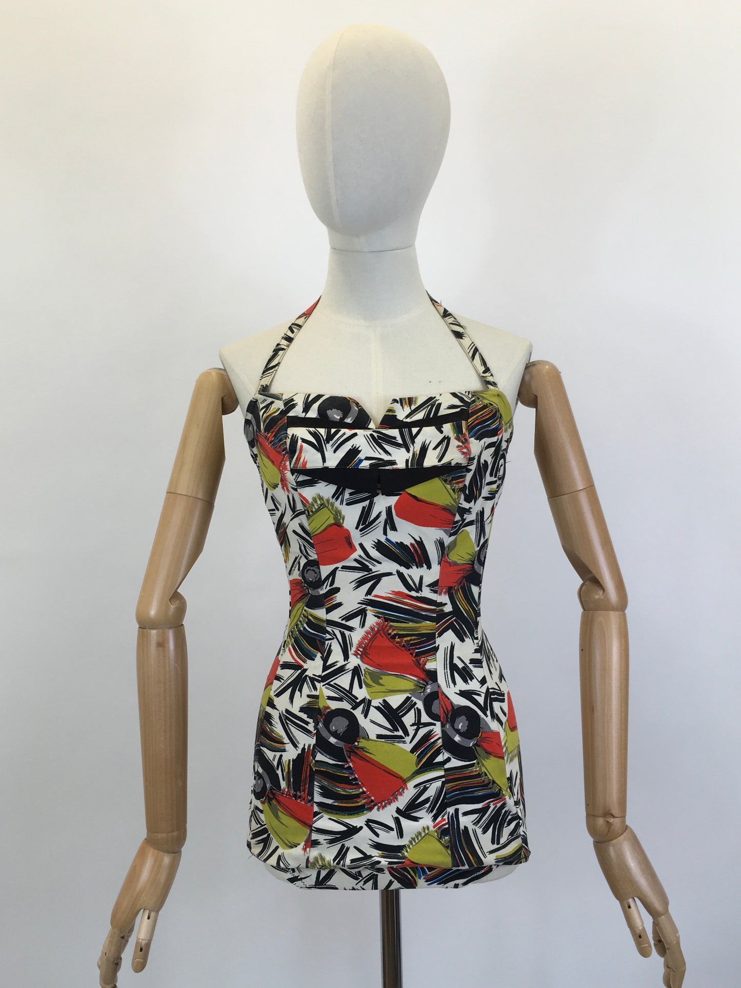 Original 1940’s Bathing Costume in A Fabulous Print - In Painted Black, Chartruese, Orange, White and Teal