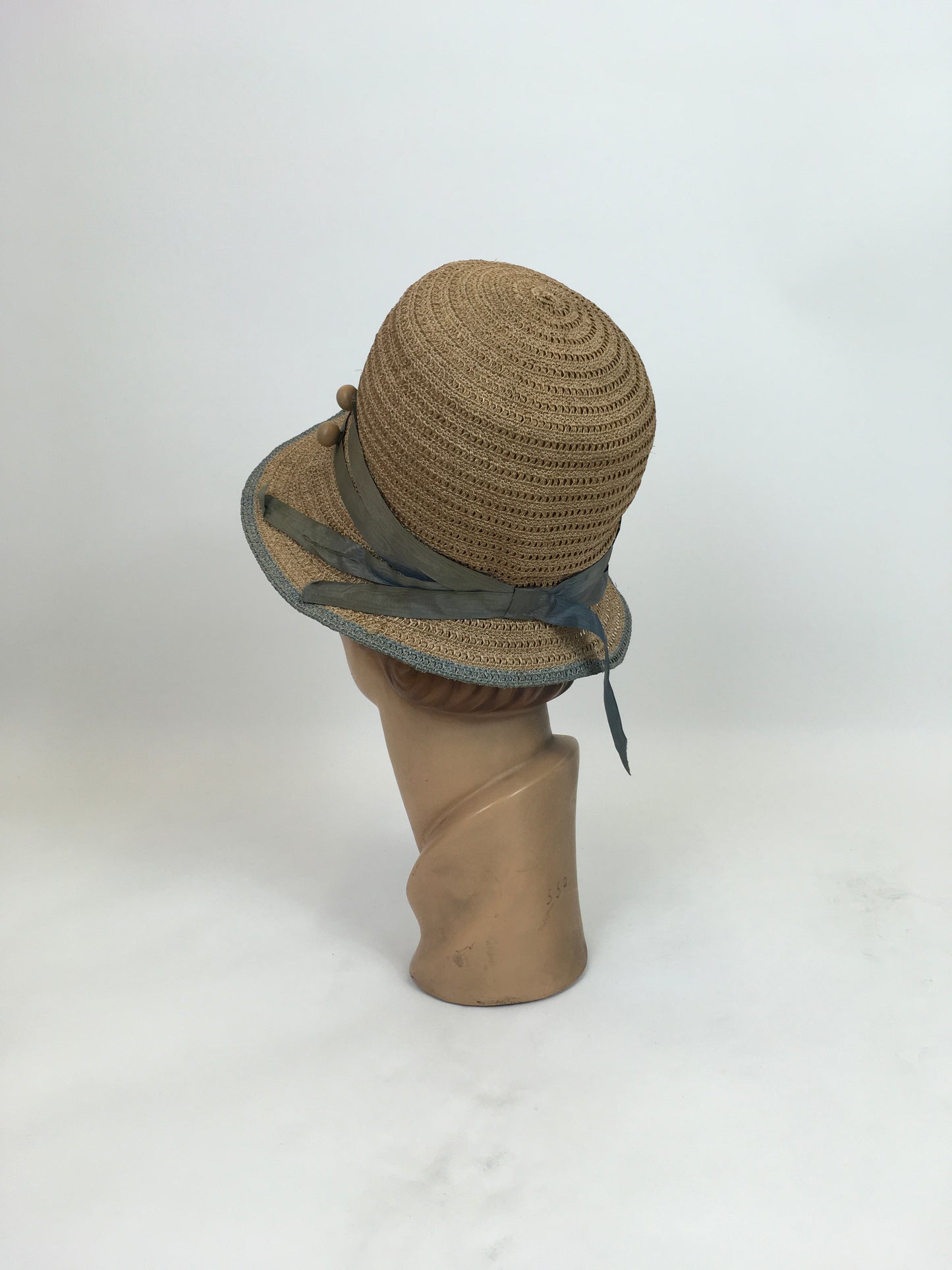 Original 1920's Sublime Natural Sisal Cloche - With Duck Egg Blue Trim and Wooden Ball Embellishment