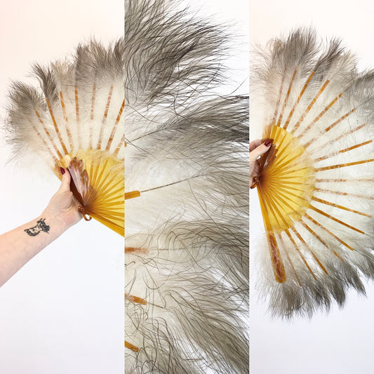Original 1930's Amazing Feather Fan - With 20 Guards and Sticks in Amber Coloured Early Plastic