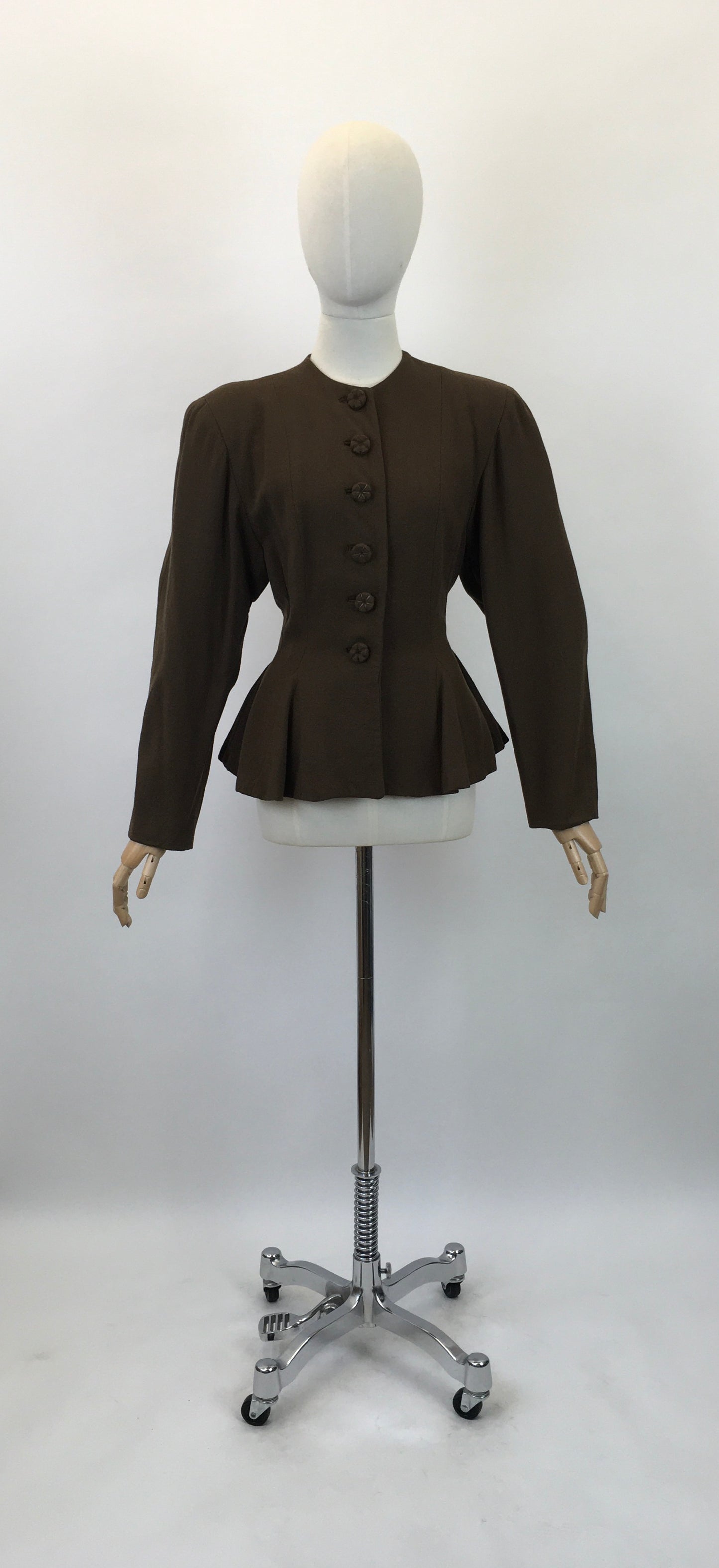 Original 1940's Stunning Crepe Jacket With Peplum - In Chocolate Brown with Flower Petal Buttons