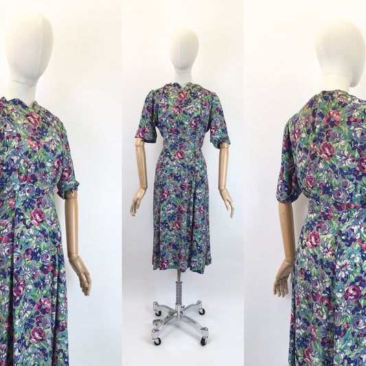 Original 1940's Sensational Floral Crepe Dress  - With Exquisite Neckline Shaping