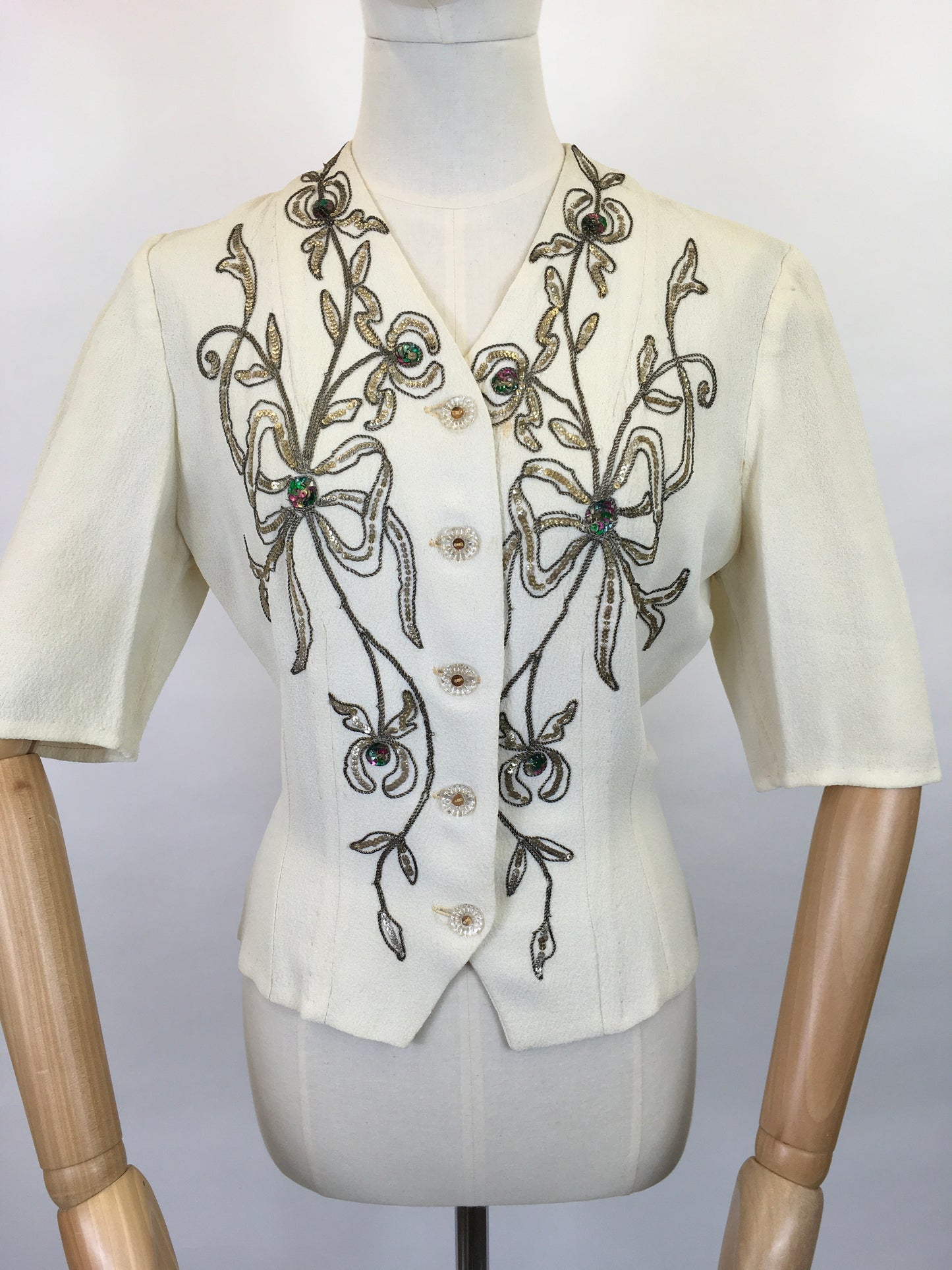 Original 1940s STUNNING Ivory Crepe Blouse - With Beaded And Sequinned Embellishment