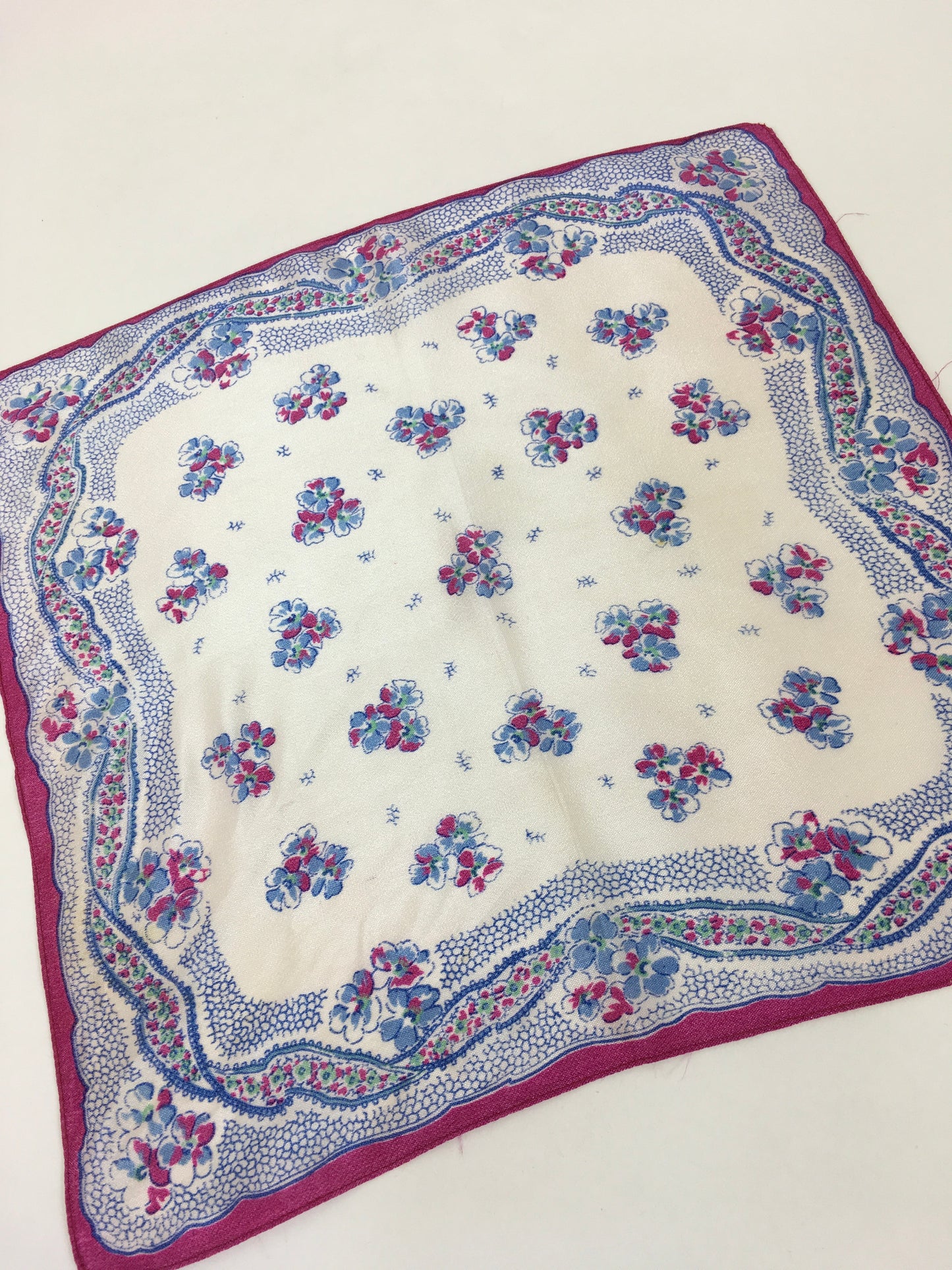 Original 1940’s Rayon Hankie - In Cerise Pink, Ivory and Blue