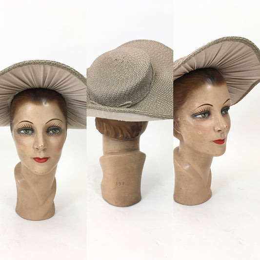 Original 1940's Fabulous Woven Raffia Hat - In A Soft Mushroom With Back Bow Detailing