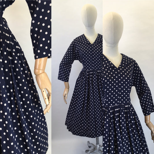 Original 1950s Lightweight Cotton Day Dress - In a Fabulous Deep Navy Polka Dot