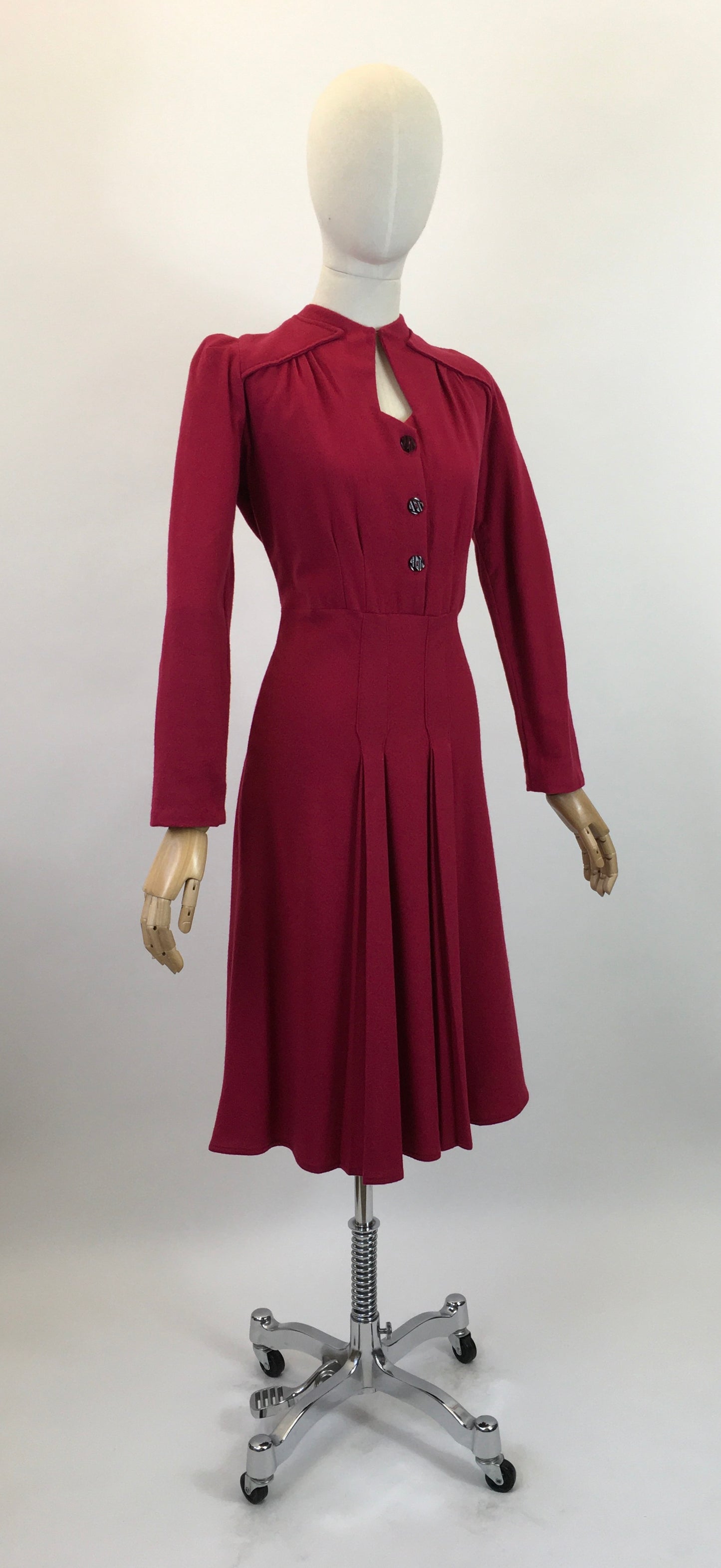 Original 1940's Early CC41 Woollen Dress - In A Bright Raspberry Red