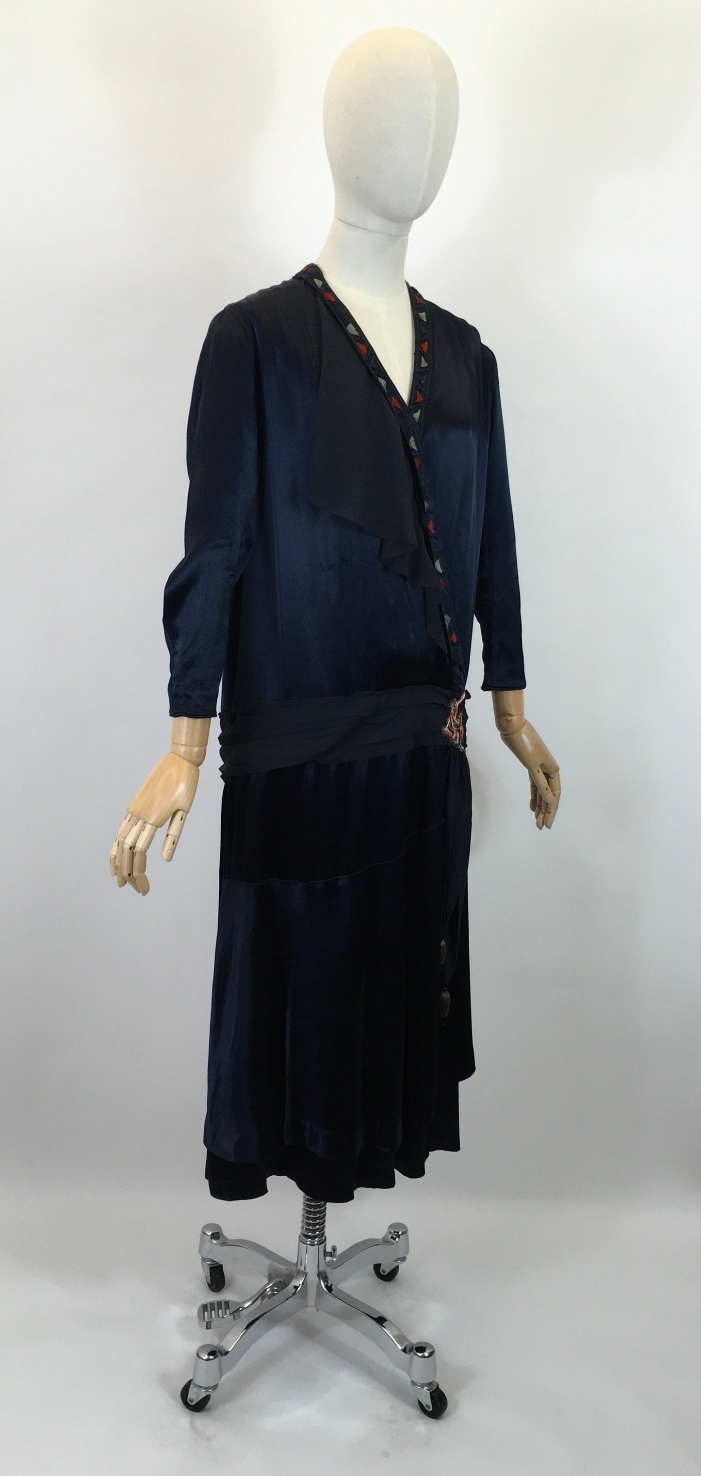 Original 1920's Sensational Navy Dress - With Exquisite Lame Embroidered Details