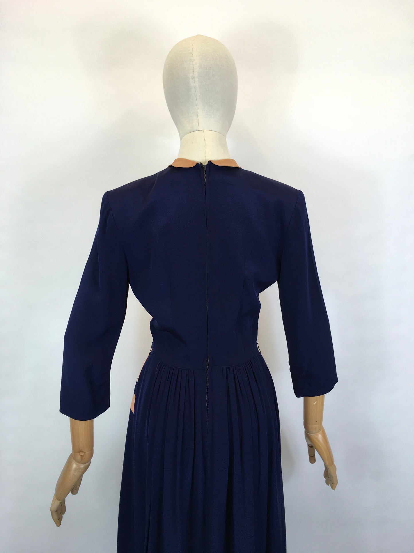 Original 1940’s SENSATIONAL Rayon Crepe Colour Block Dress - In Navy Blue and Soft Cinnamon