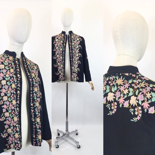 Original Late 1930's Early 1940's Edge to Edge Jacket - With Exquisite Embroidery Detailing in Pastels