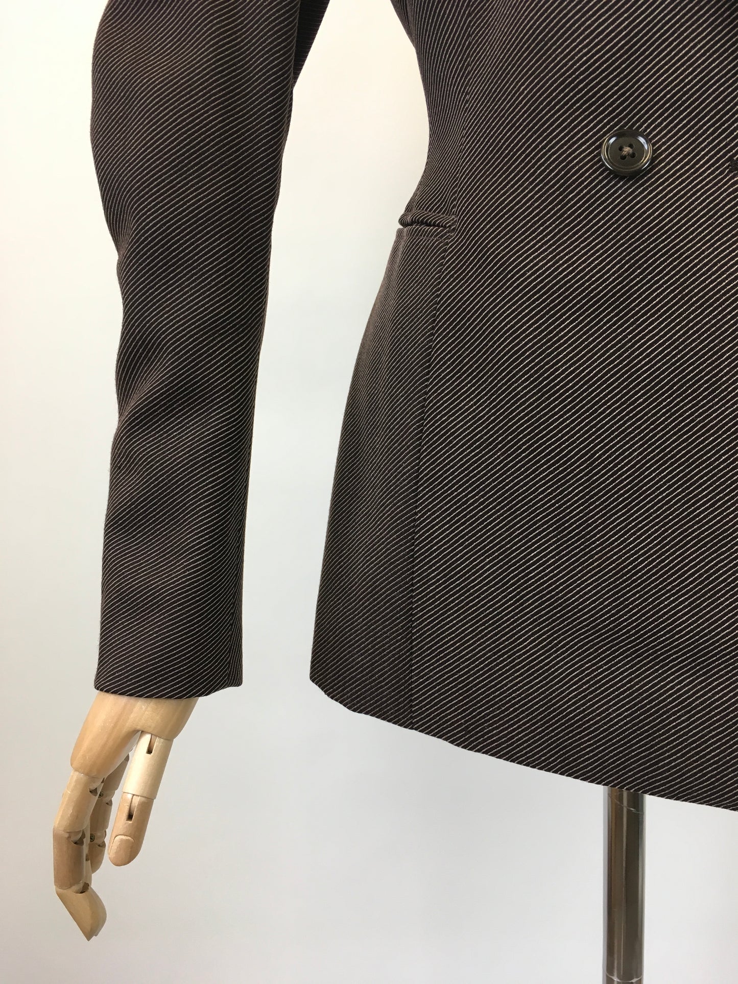 Original 1940's Stunning Longline Jacket in A Chocolate Brown Pinstripe - With Exquisite Details