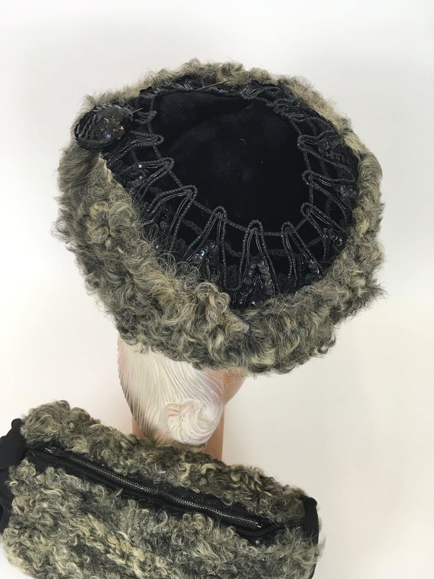 Original 1940s Gorgeous Hat & Muff 2pc Set - In a Lovely Grey Astrakhan and Black Velvet with Trim