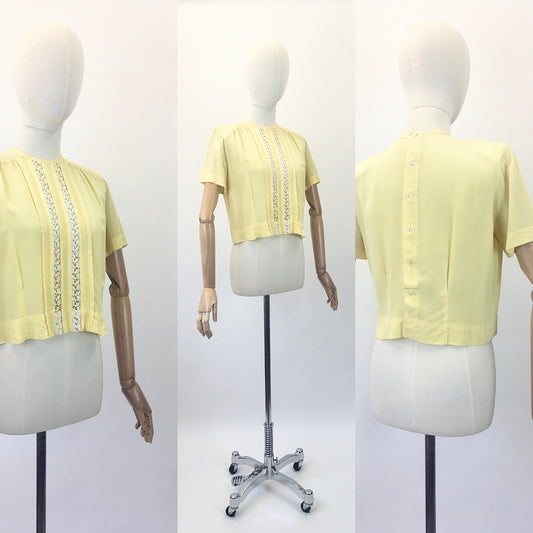 Original 1940's Darling Rayon Blouse With Lace Inlay - In Sunshine Yellow