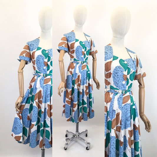 Original Late 1940’s Floral Cotton Day Dress - In Airforce Blue, Caramel Brown, Emerald on Crisp Off White