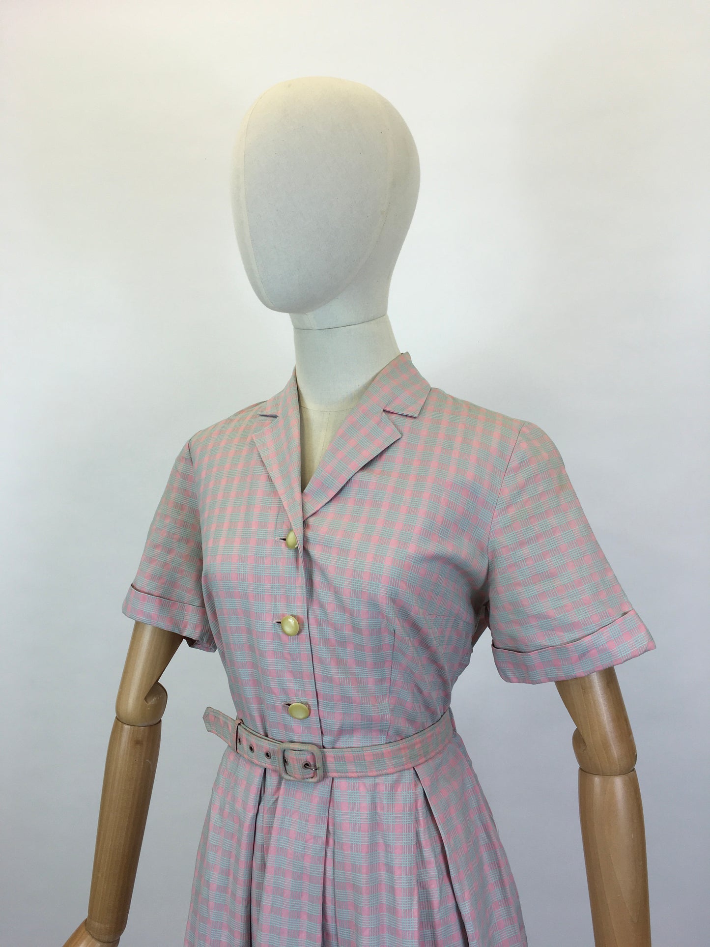 Original 1950’s Darling Cotton Day Dress - In A Muted Pink & Grey Check