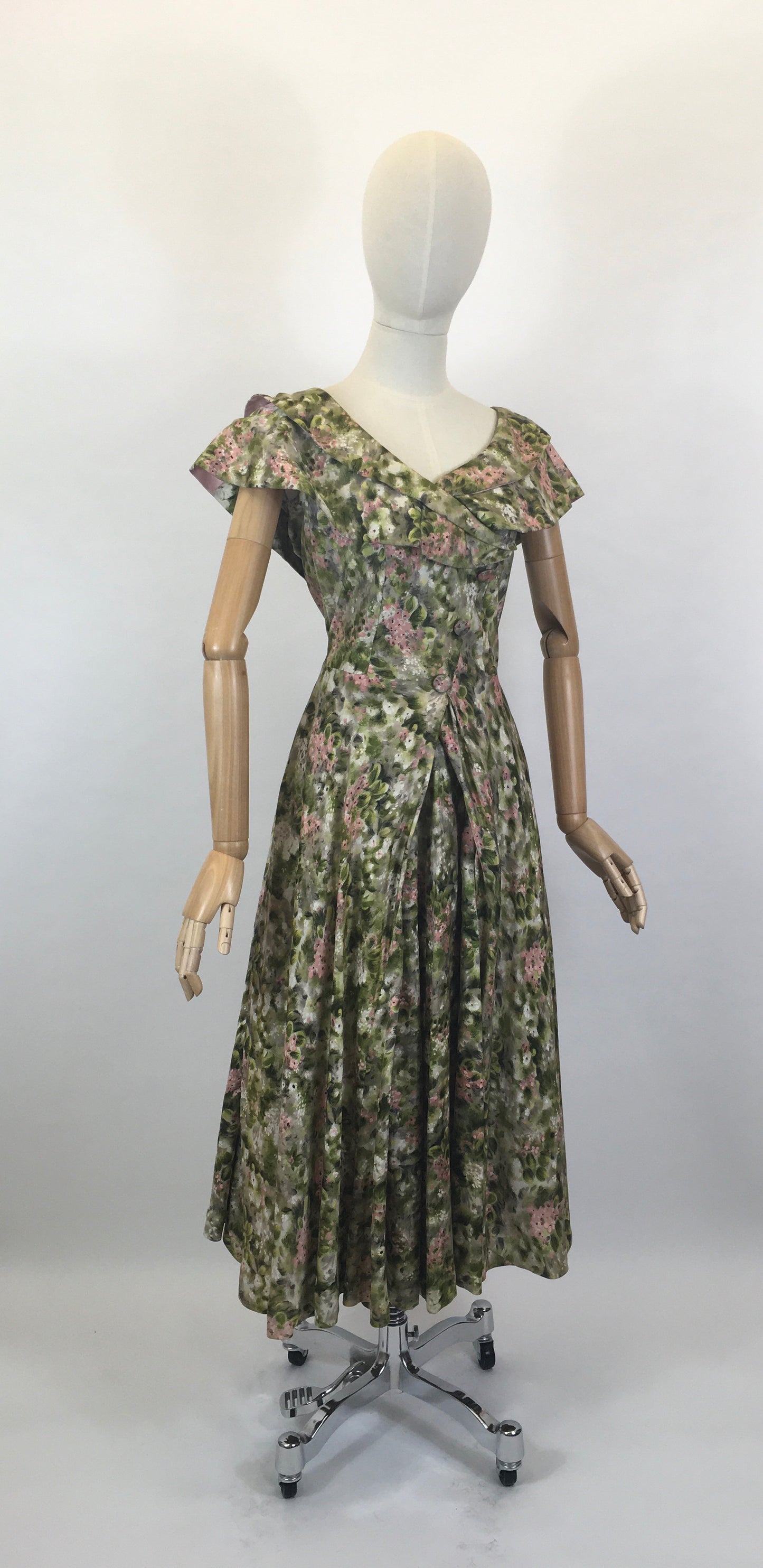 Original 1950’s Stunning Silk Party Frock - In A Beautiful Pink & Green Floral