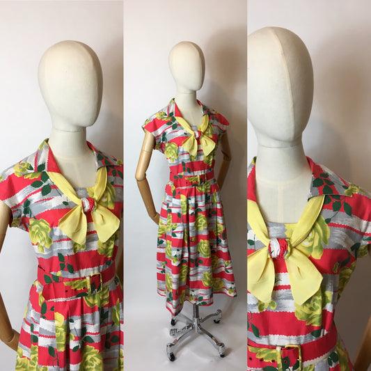 Original 1950s Cotton Day Dress - In a Fabulous Floral Cotton in Bright Pinks, Yellows & Greens