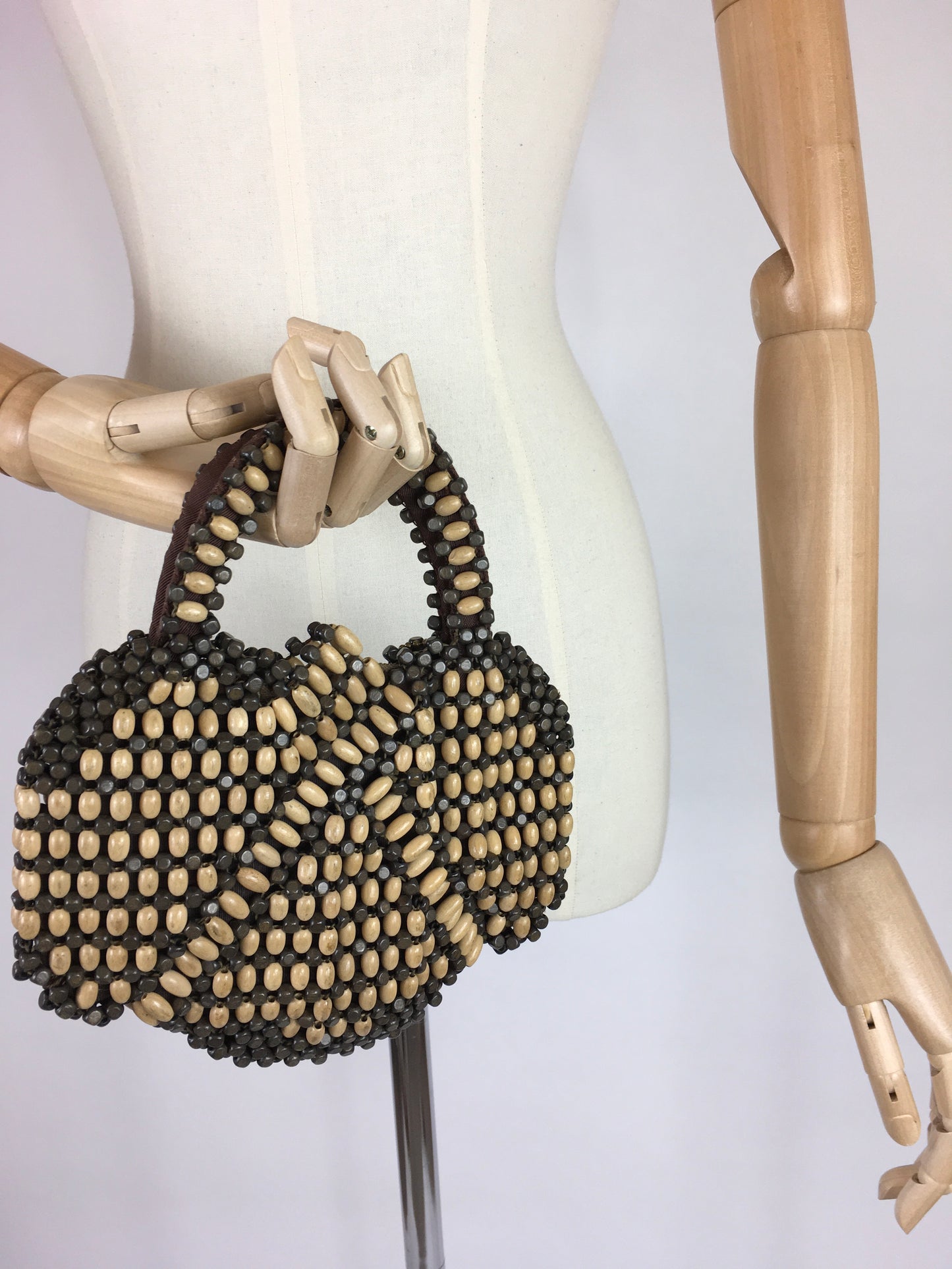 Original 1940’s Wooden Beaded Bag - In 2 Tone Brown Wooden Beads