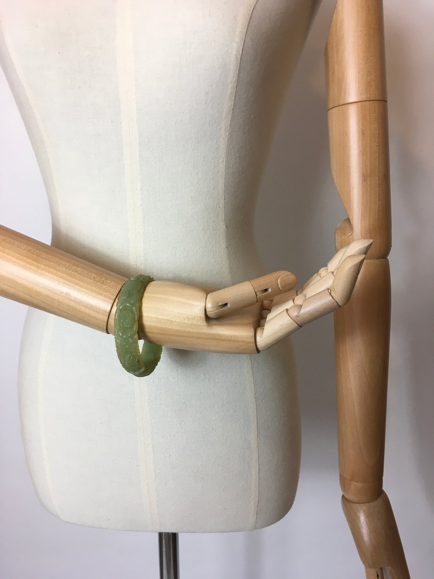 Original 1930’s Carved Celluloid Bangle In Soft Green - Festival Of Vintage Fashion Show Exclusive