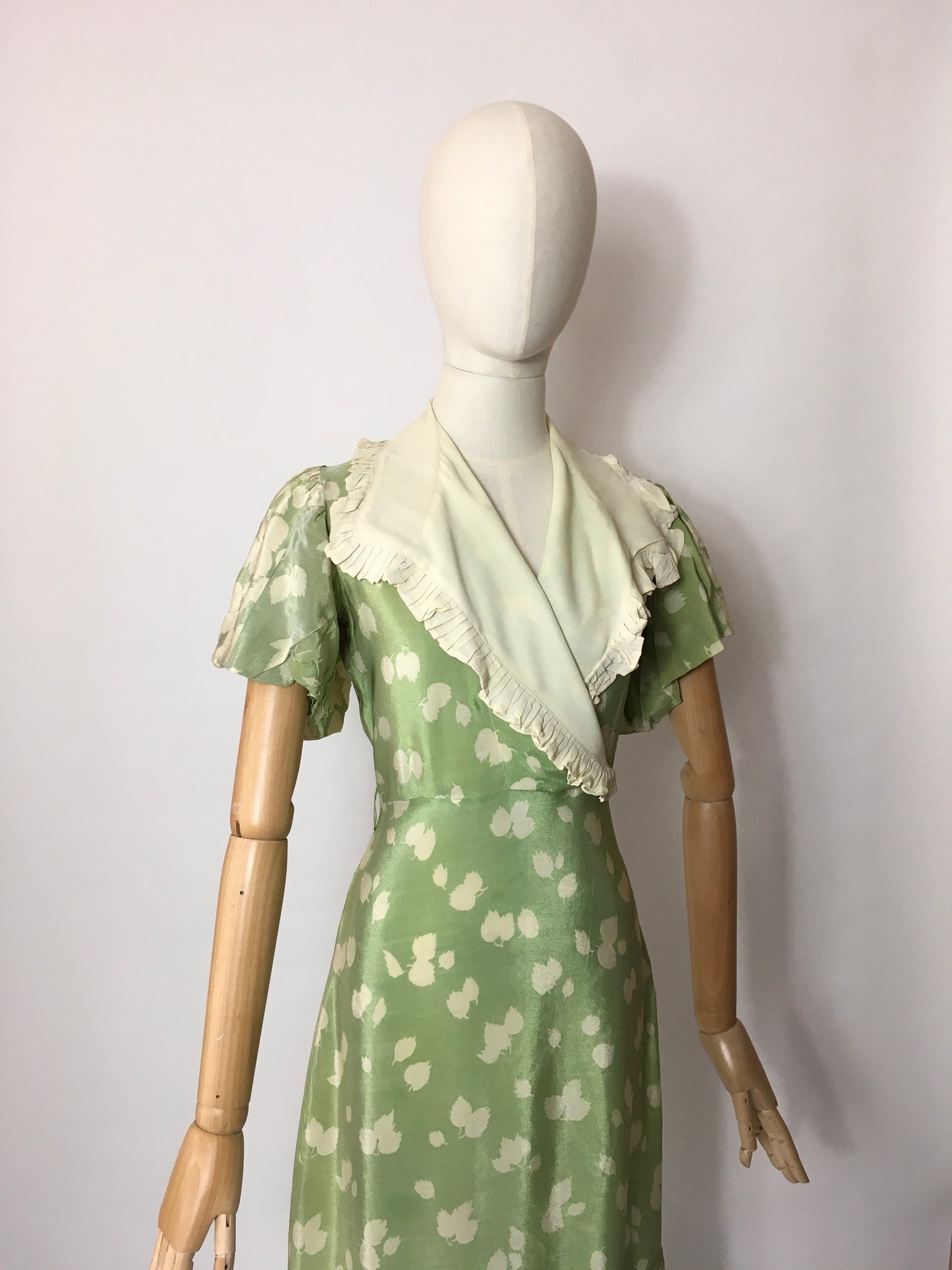 Original 1930’s Exquisite 1930’s Dress with Wrap Bodice and Contrast Collar with Frill Detailing - Festival of Vintage Fashion Show Exclusive