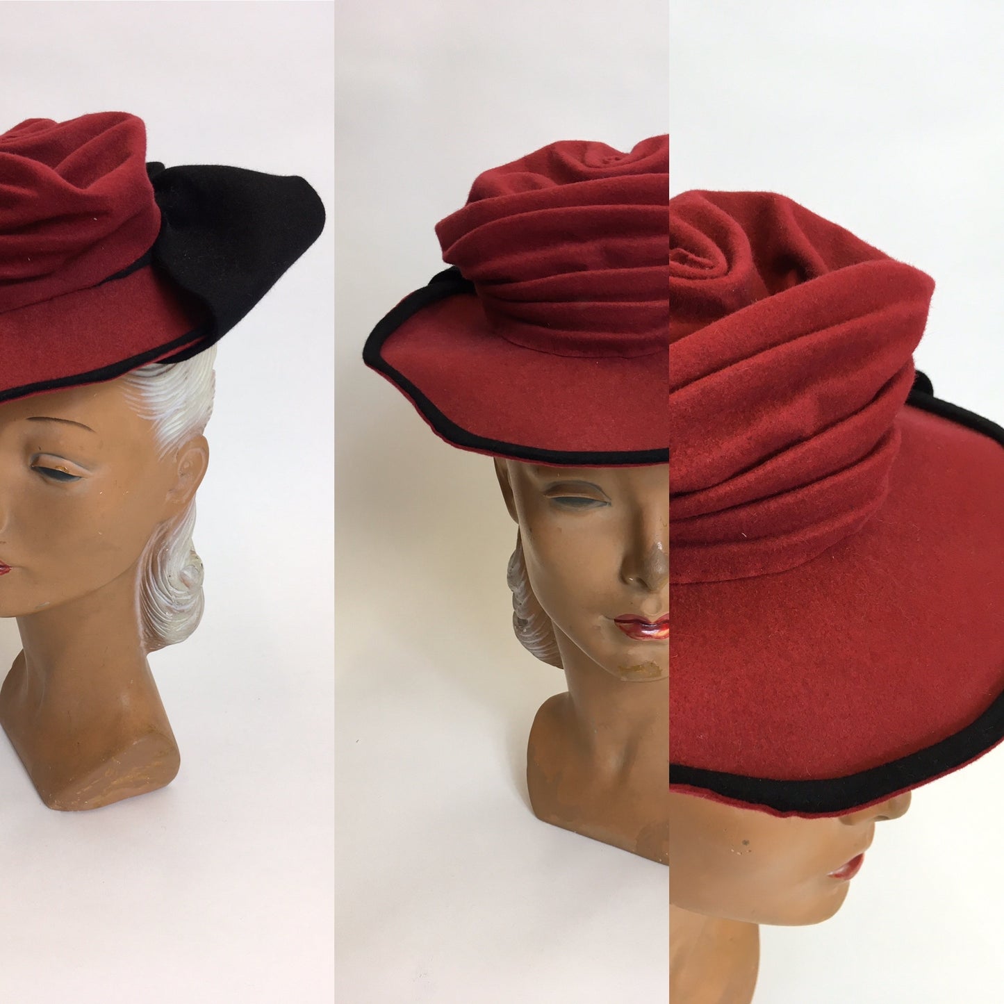 Original 1940’s Felt Topper Hat - In a Raspberry Red with Black Detailing