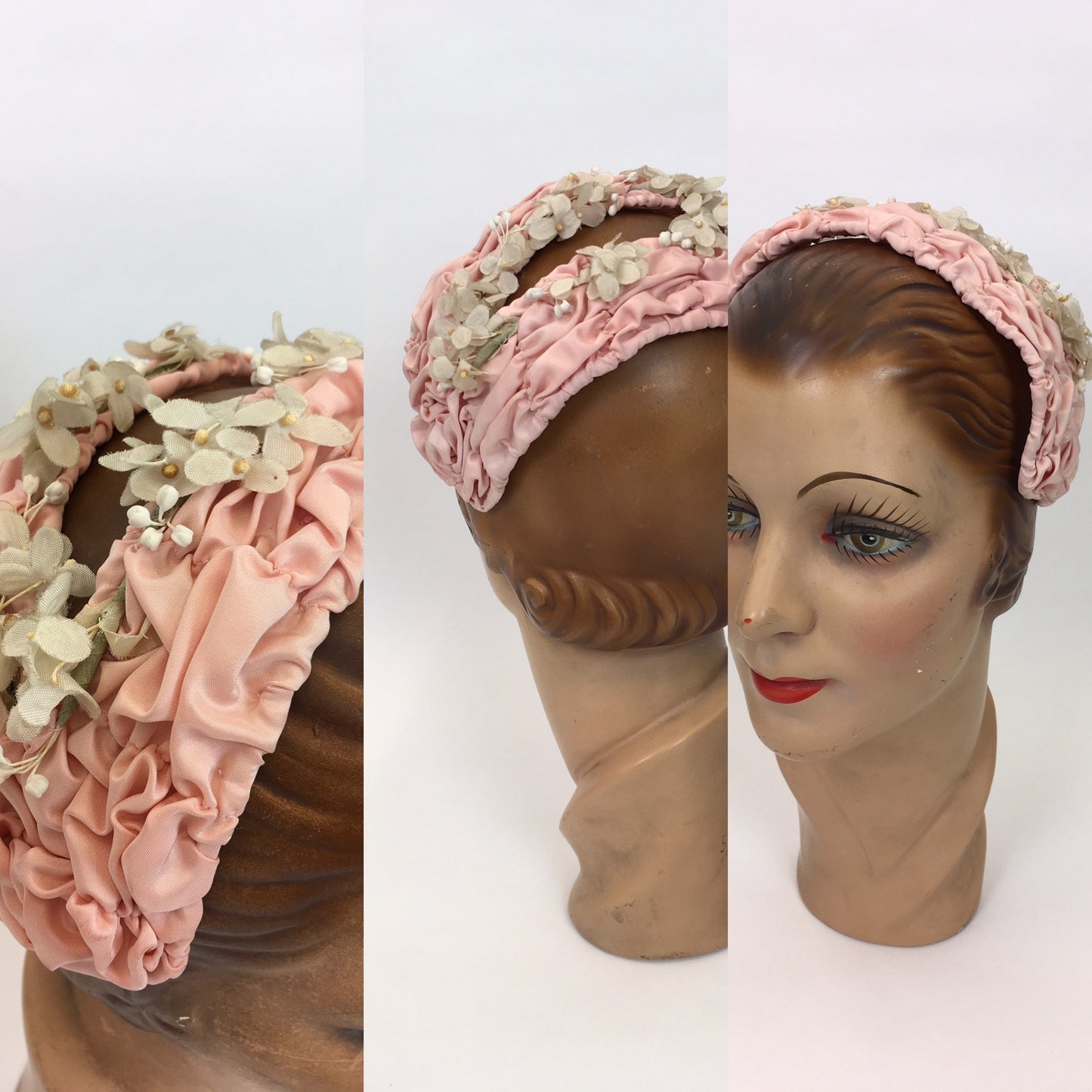 Original 1950s Pink Ruched Headpiece - Adorned with Beautiful Delicate Ivory Florals