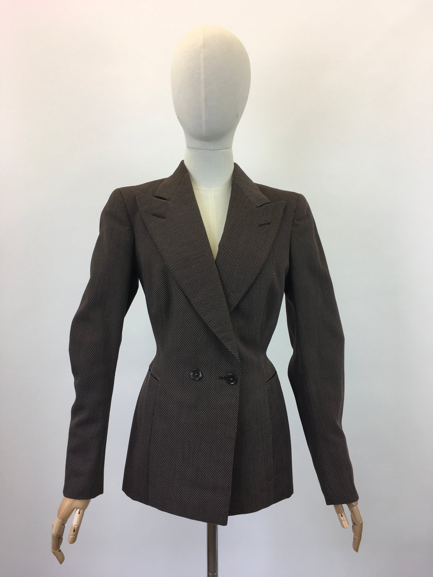 Original 1940's Stunning Longline Jacket in A Chocolate Brown Pinstripe - With Exquisite Details