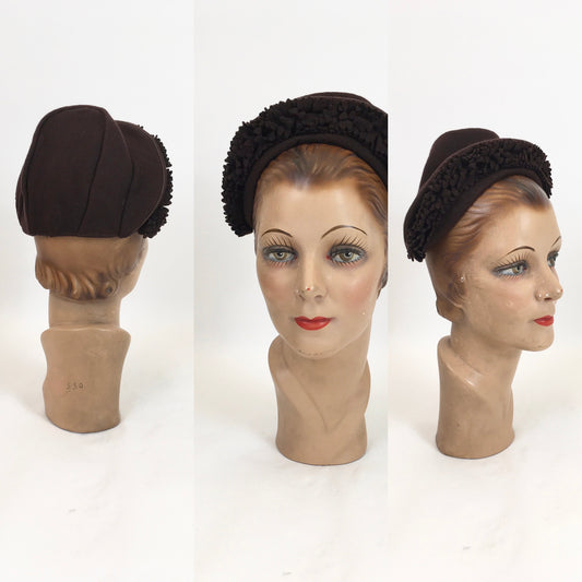 Original 1930's / 1940's Darling Pixie Halo Hat in Chocolate Brown - With Floral Adornment