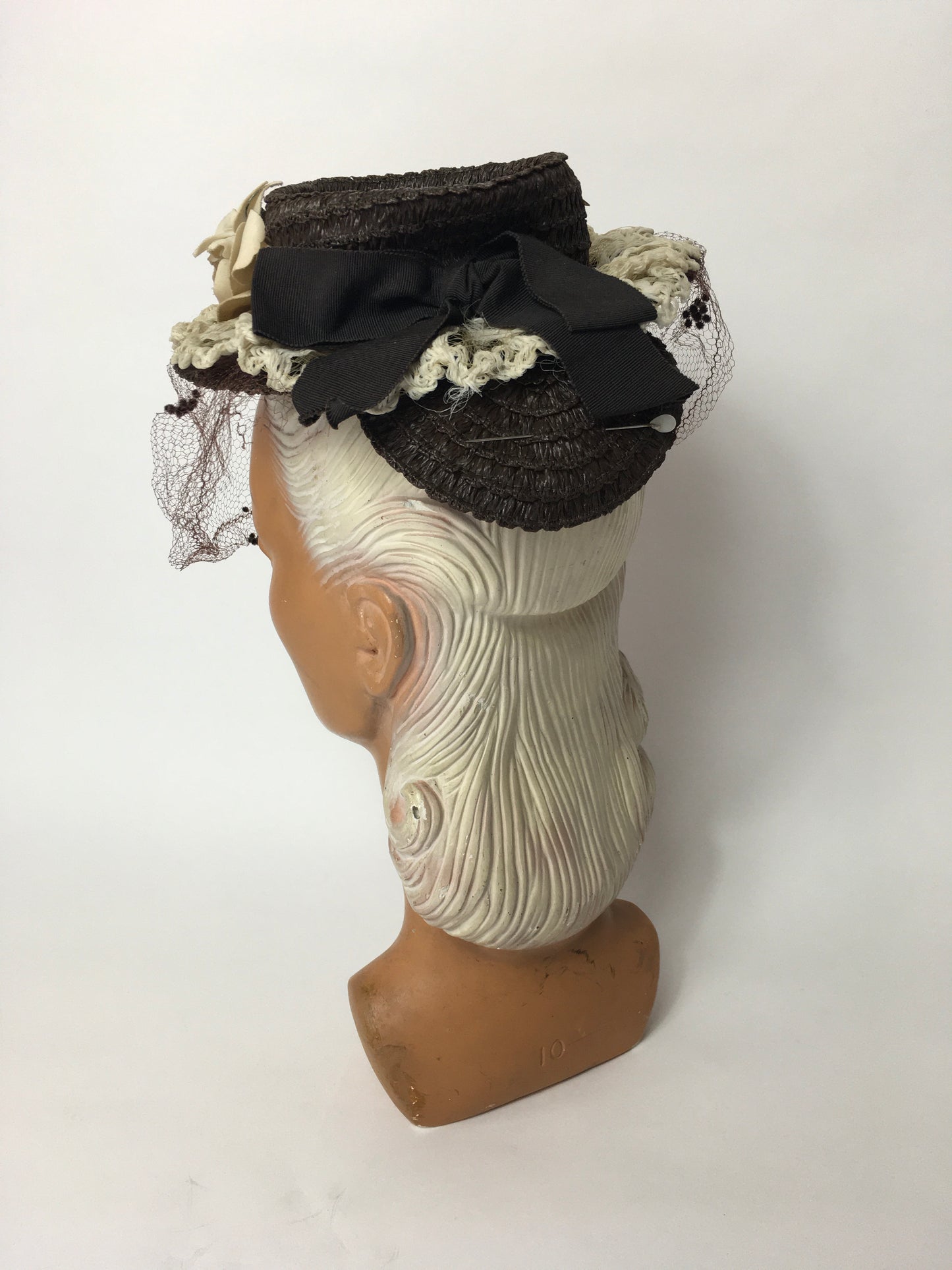 Original Late 1930’s Raffia Tilt Hat with Cream Floral Adornment and Veiling - Festival of Vintage Fashion Show Exclusive