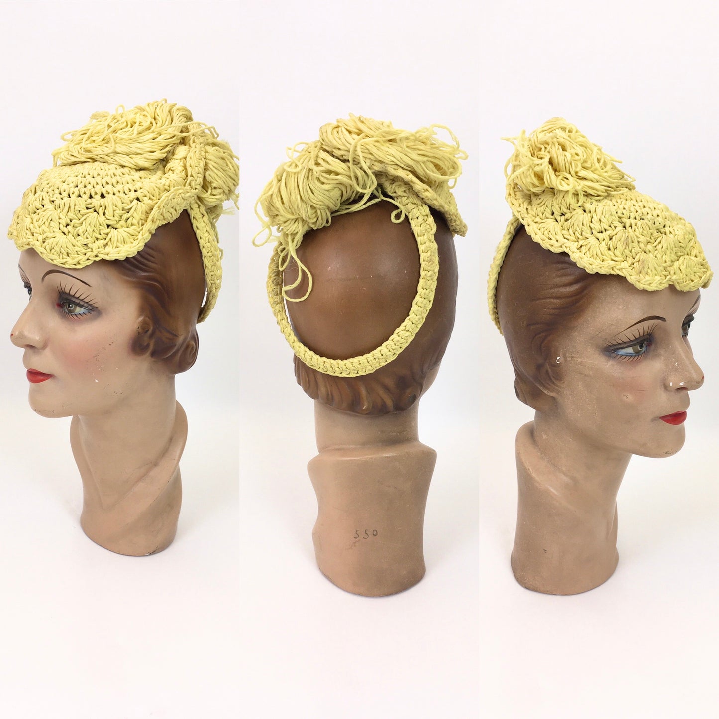 Original 1940’s Fabulous Popcorn Crochet Headpiece - In A Sunshine Yellow