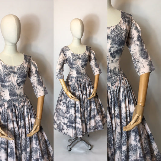 Original 1950s Darling Dress - In the Most Delicate Powder Pink with Charcoal Stencil Overlay Print