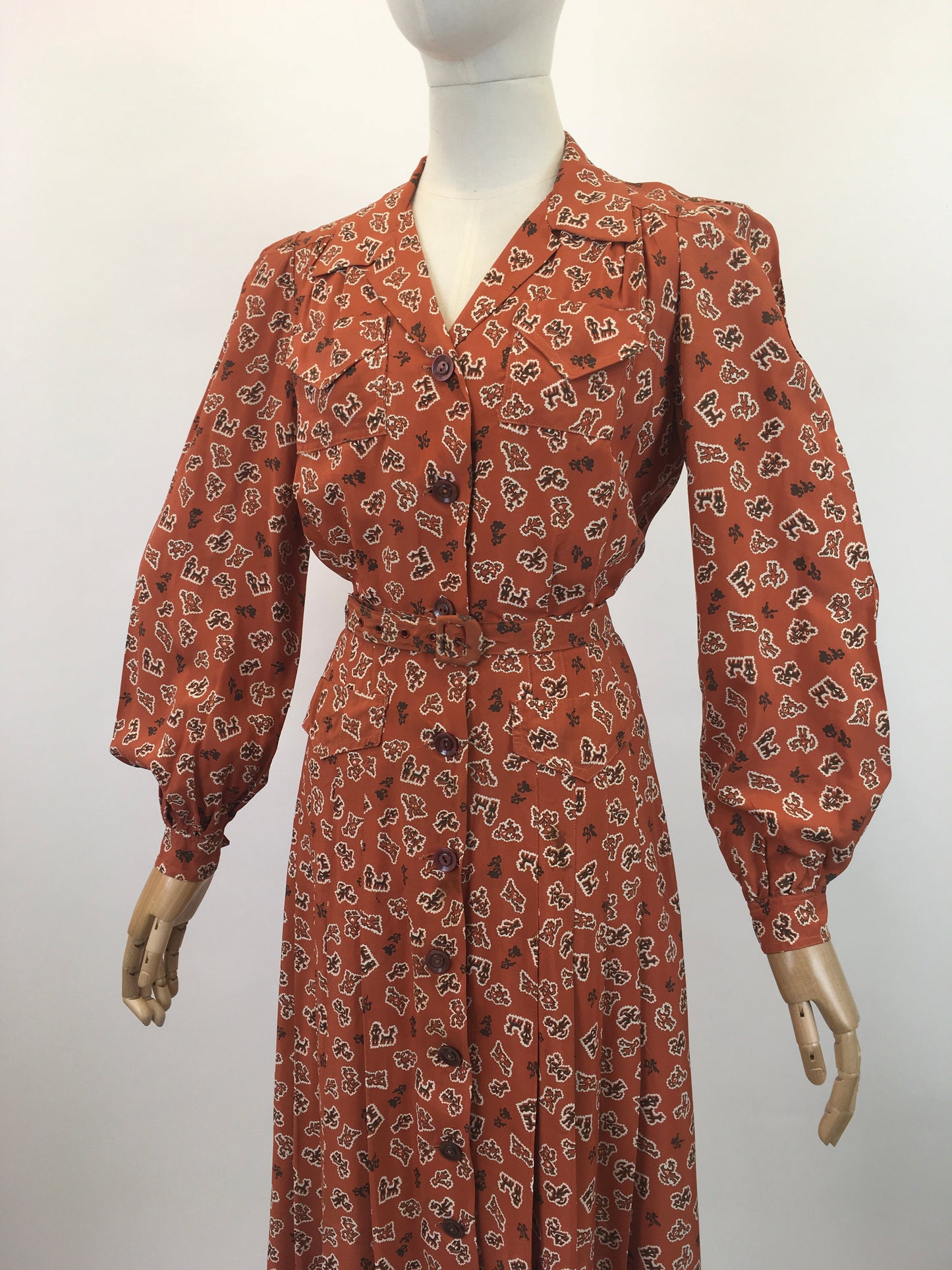 Original 1940's Gorgeous Novelty Print Dress - In A Cinnamon, Black and White Crepe De Chine