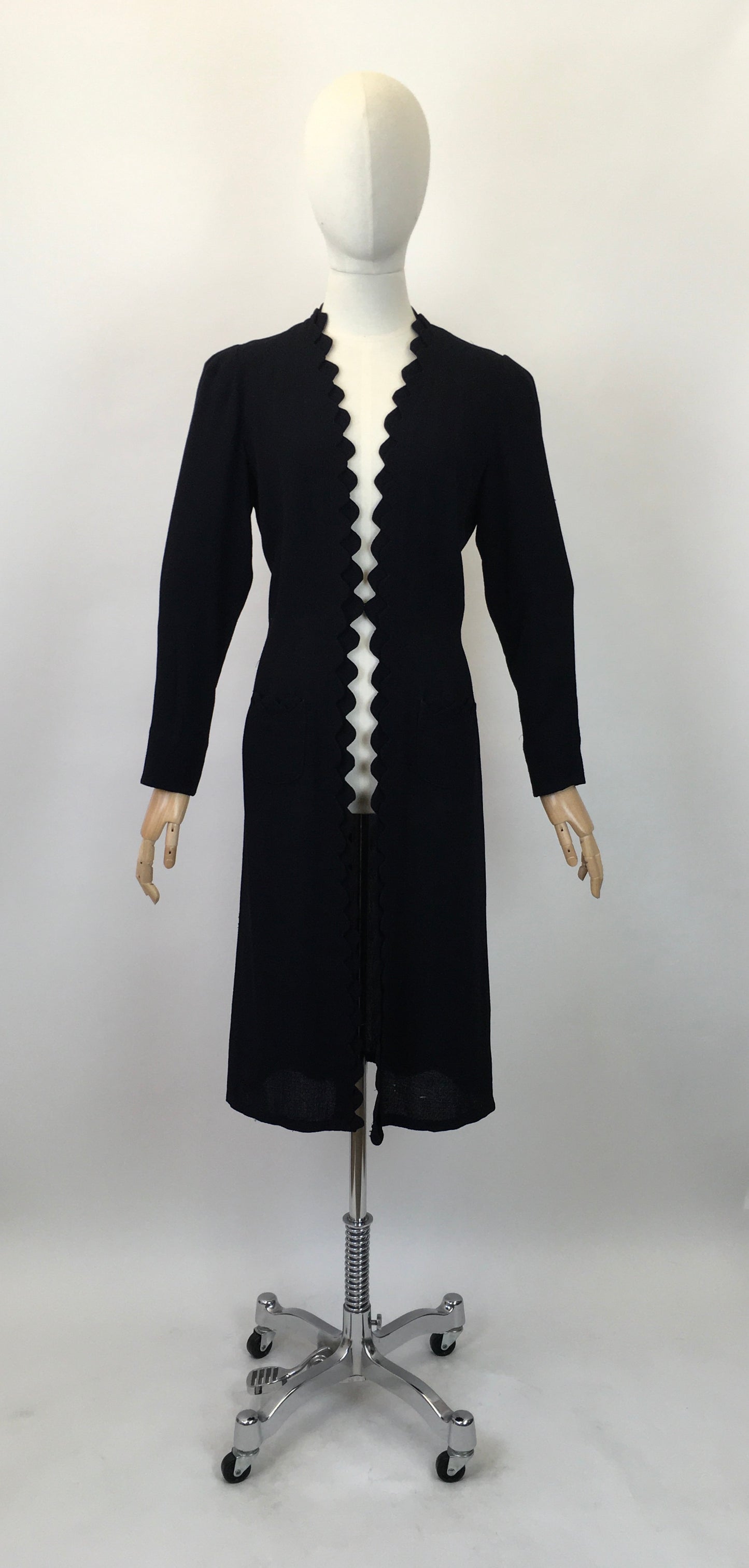 Original 1930's Exquisite Double Scalloped Edge to Edge Overcoat - In A Classic Navy Crepe