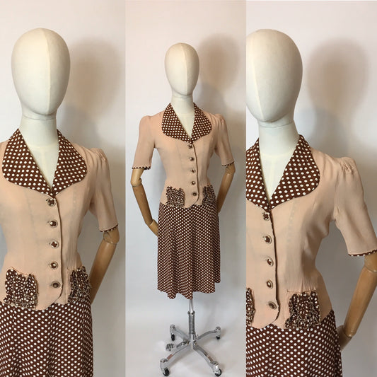 Original 1940’s Darling 2 pc Crepe Suit - In the Most Beautiful Contrast Blush Pink & Brown Polka Dot Crepe