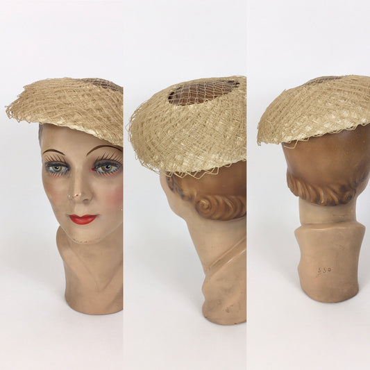 Original Late 1940’s Early 1950’s Straw & Raffia Overlay Cream Hat - An Iconic Staple Piece For A Collection