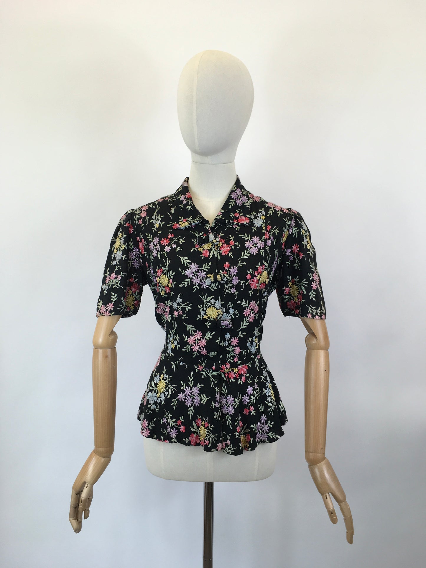 Original 1930’s Black Crepe Embroidered Blouse with Bows - In A Wild Flower Meadow Colour Pallet