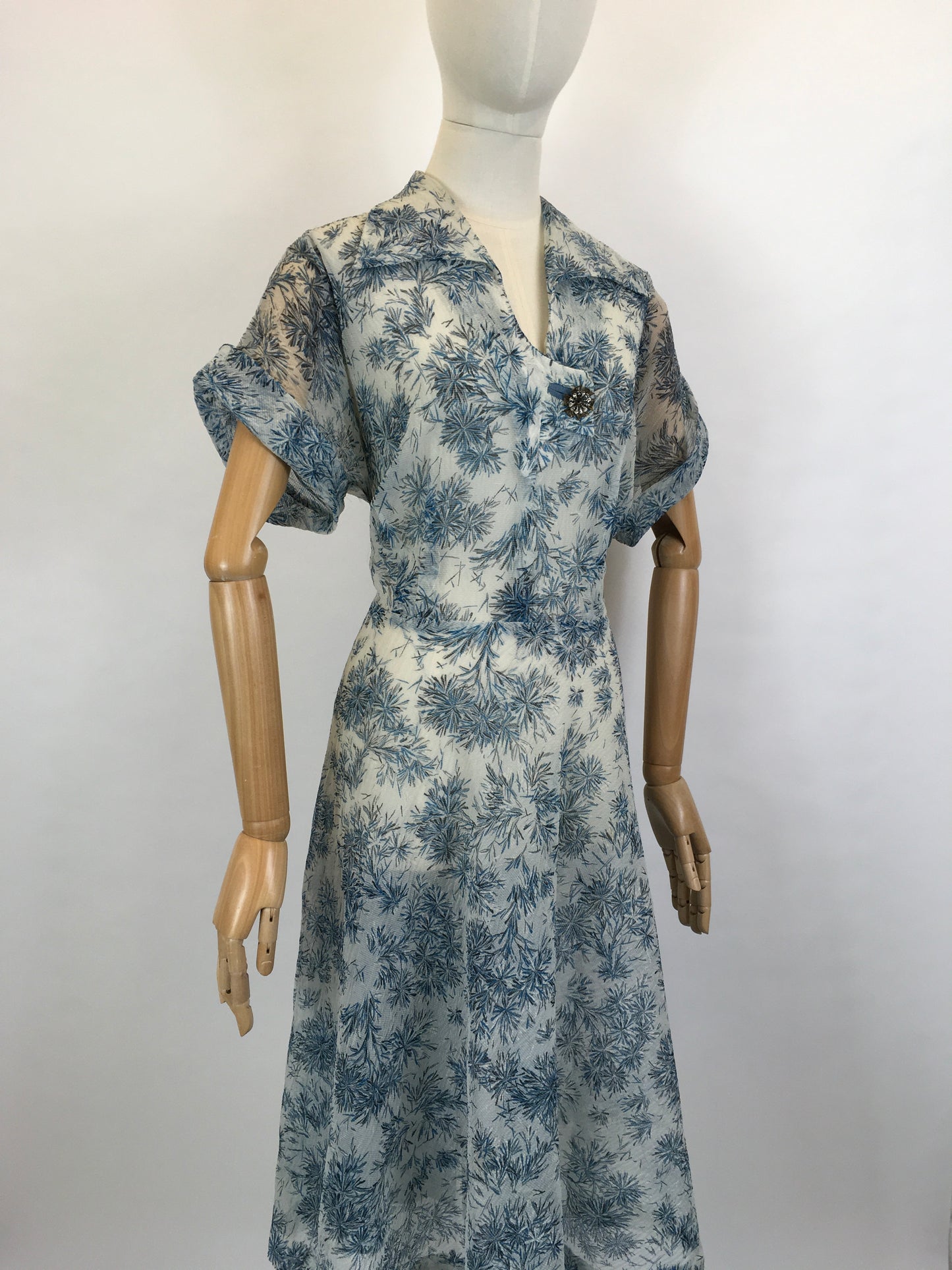 Original Early 1950’s Sheer Nylon Floral Dress - In A Lovely Soft Blue Floral