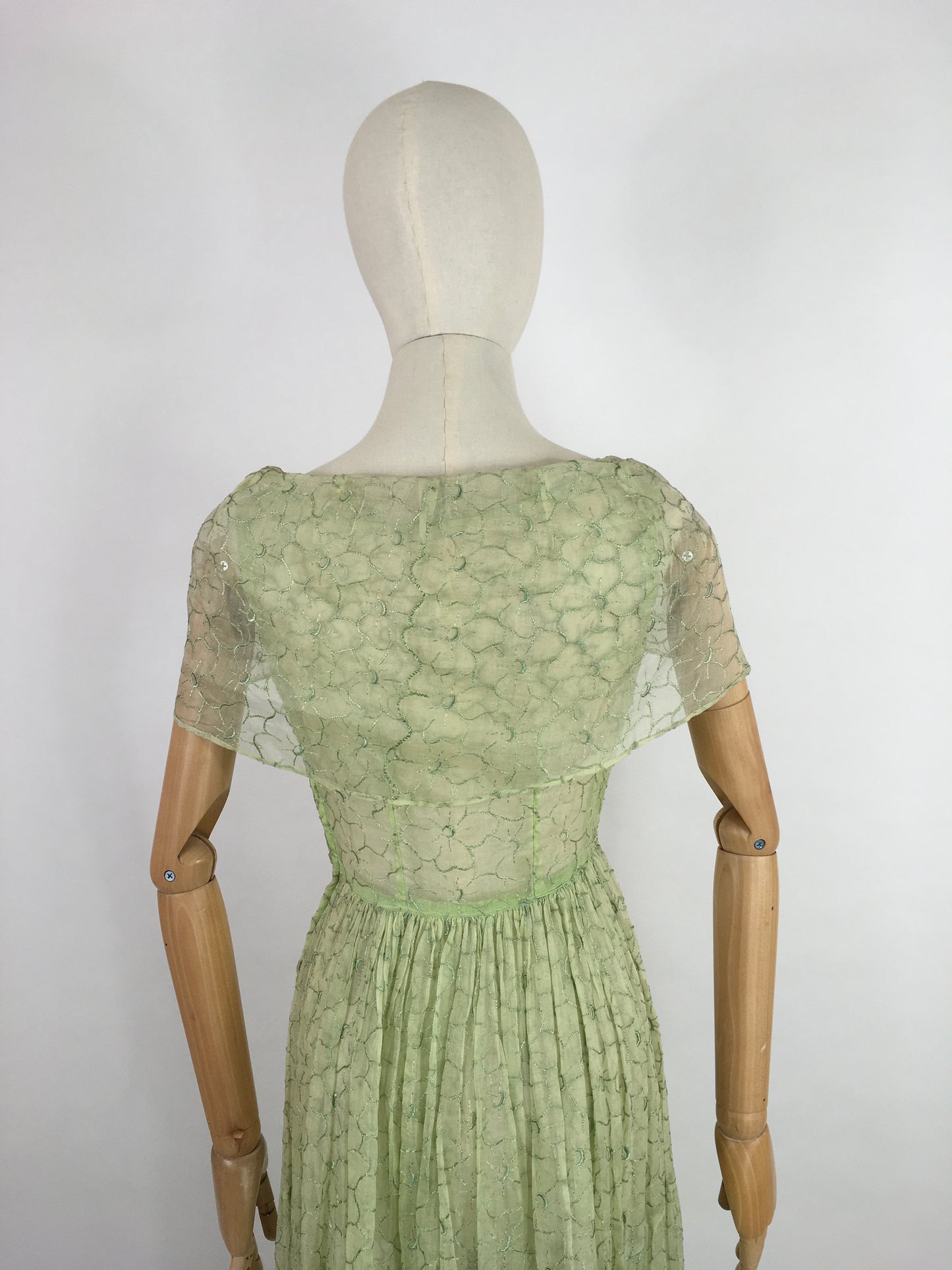 Original 1930s Full Length Summer Dress - In a Beautiful Soft Green Embroidered Cotton Lawn