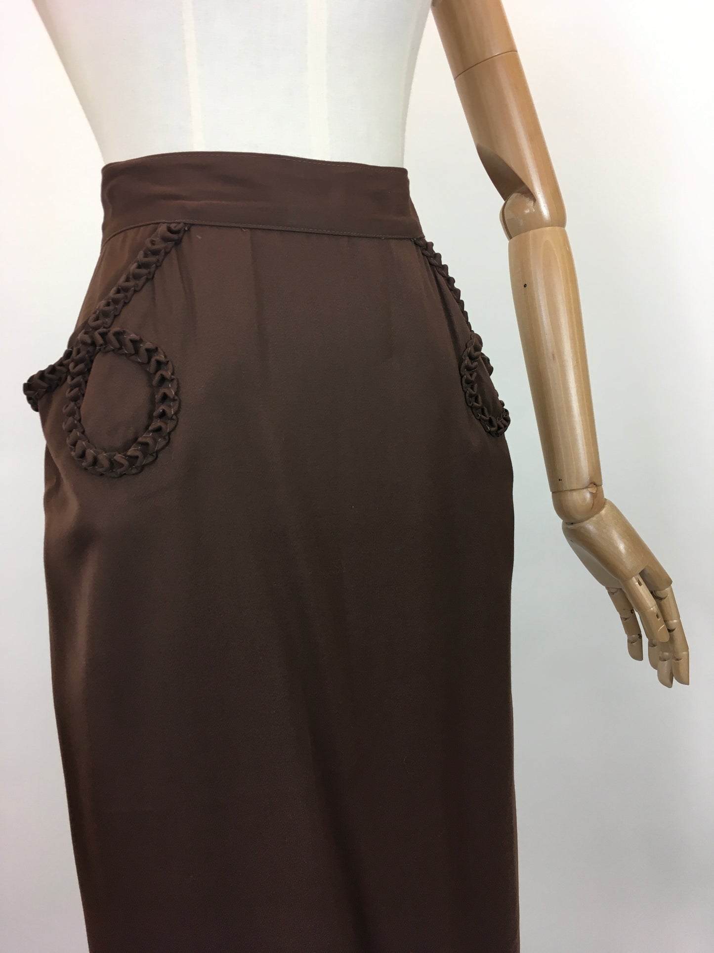 Original 1940's Fabulous Gabardine Skirt in Chocolate Brown - With Decorative Pocket Detailing