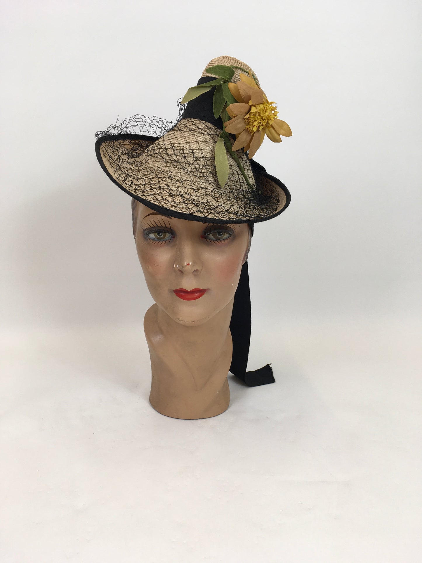 Original 1940's Sensational Natural Funnel Topper - With Floral Millinery, Veiling and Tails