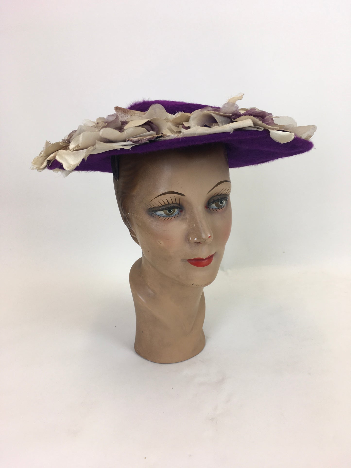 Original 1940’s/ 1950’s Merrimac Platter Hat - In Cadbury Purple with Floral Millinery
