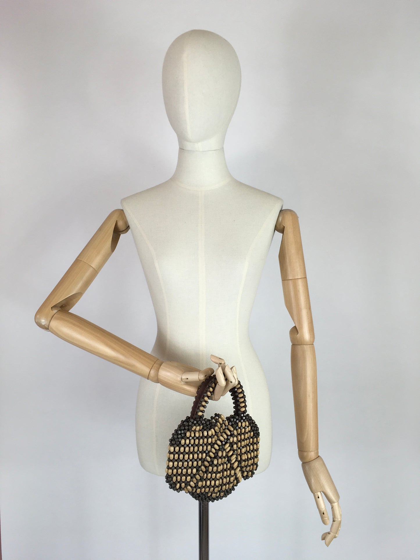 Original 1940’s Wooden Beaded Bag - In 2 Tone Brown Wooden Beads