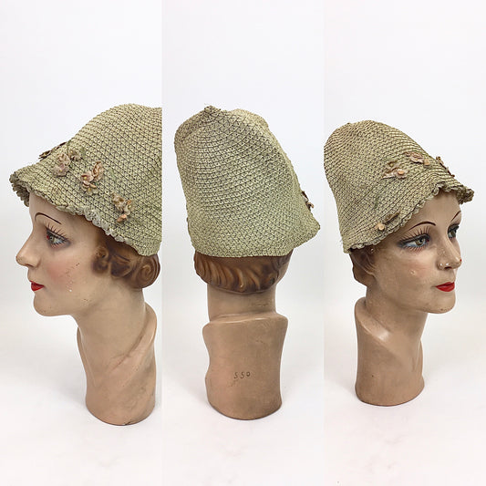 Original 1920's Darling Fabric Cloche Hat by ' Migola Reg'd' - With Dainty Velvet Floral Trims