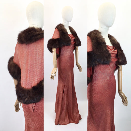 Original SENSATIONAL 1930's Evening Gown with Capelet - In Burnt Orange and Gold Lame with Rabbit Fur Trim