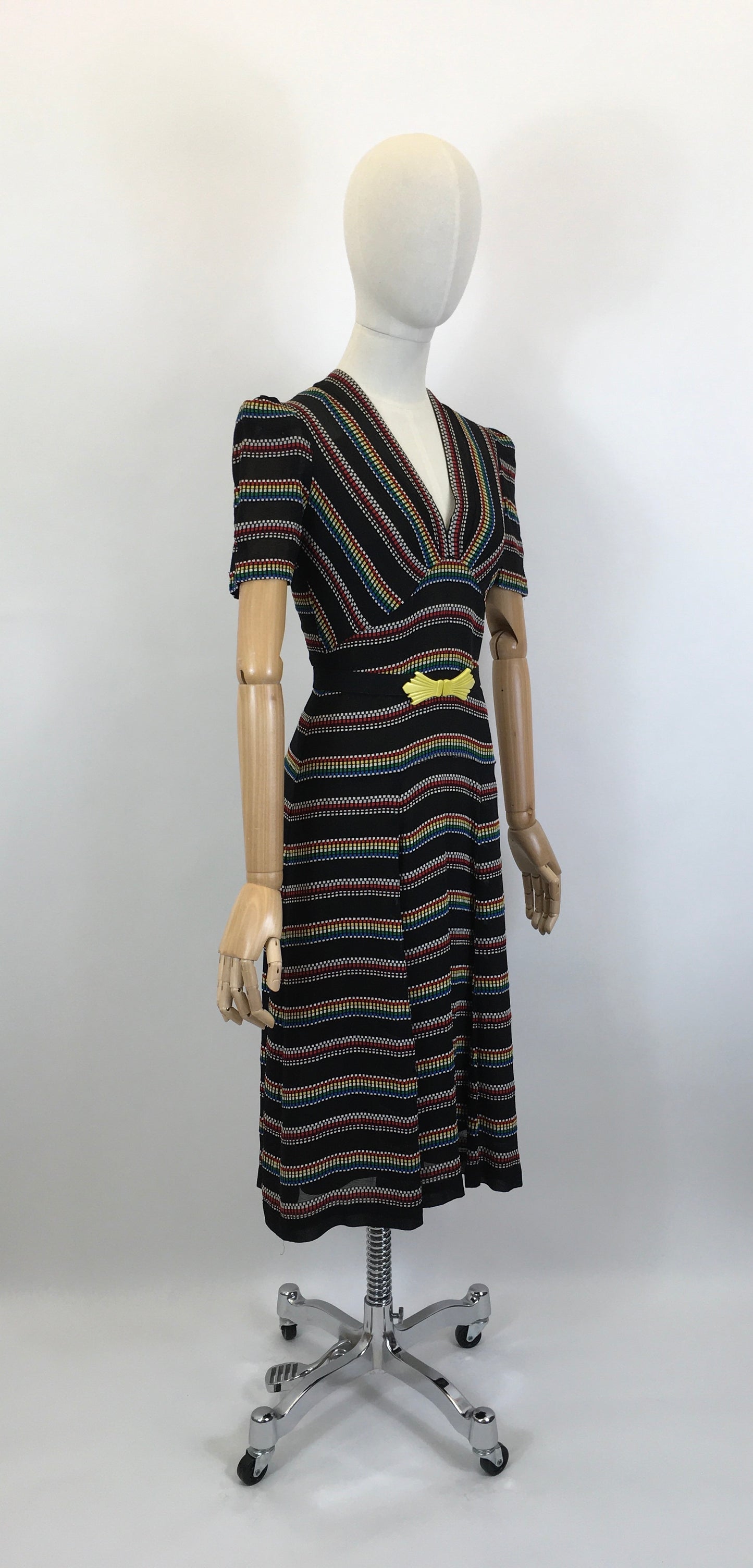 Original 1930’s Stunning Dress in a Sheer Crepe - With A Multicoloured Embroidered Weave